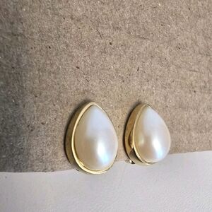 Vintage Richelieu Faux Pearl Gold Tone  Clip On Earrings Teardrop